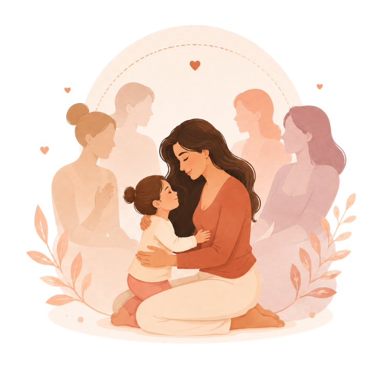 Ilustração de uma rede de apoio entre mães